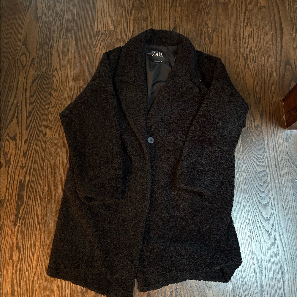 Zara Black Teddy Bouclé Coat